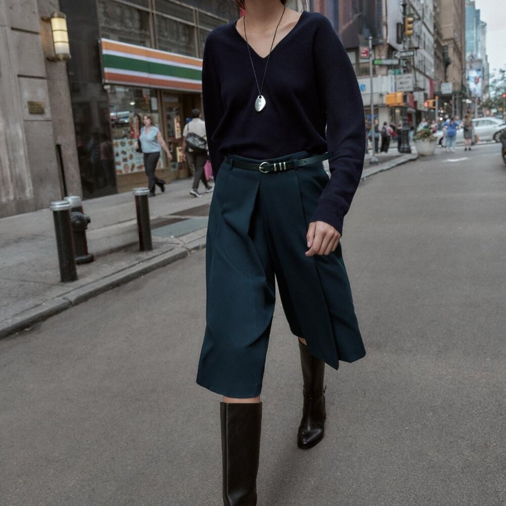 Zara Belted Long Shorts Culottes Blue Pant